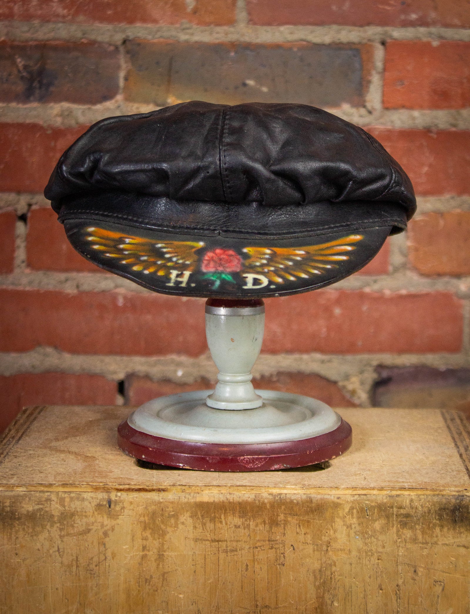 Vintage Harley Davidson Airbrushed Leather Biker Hat Small