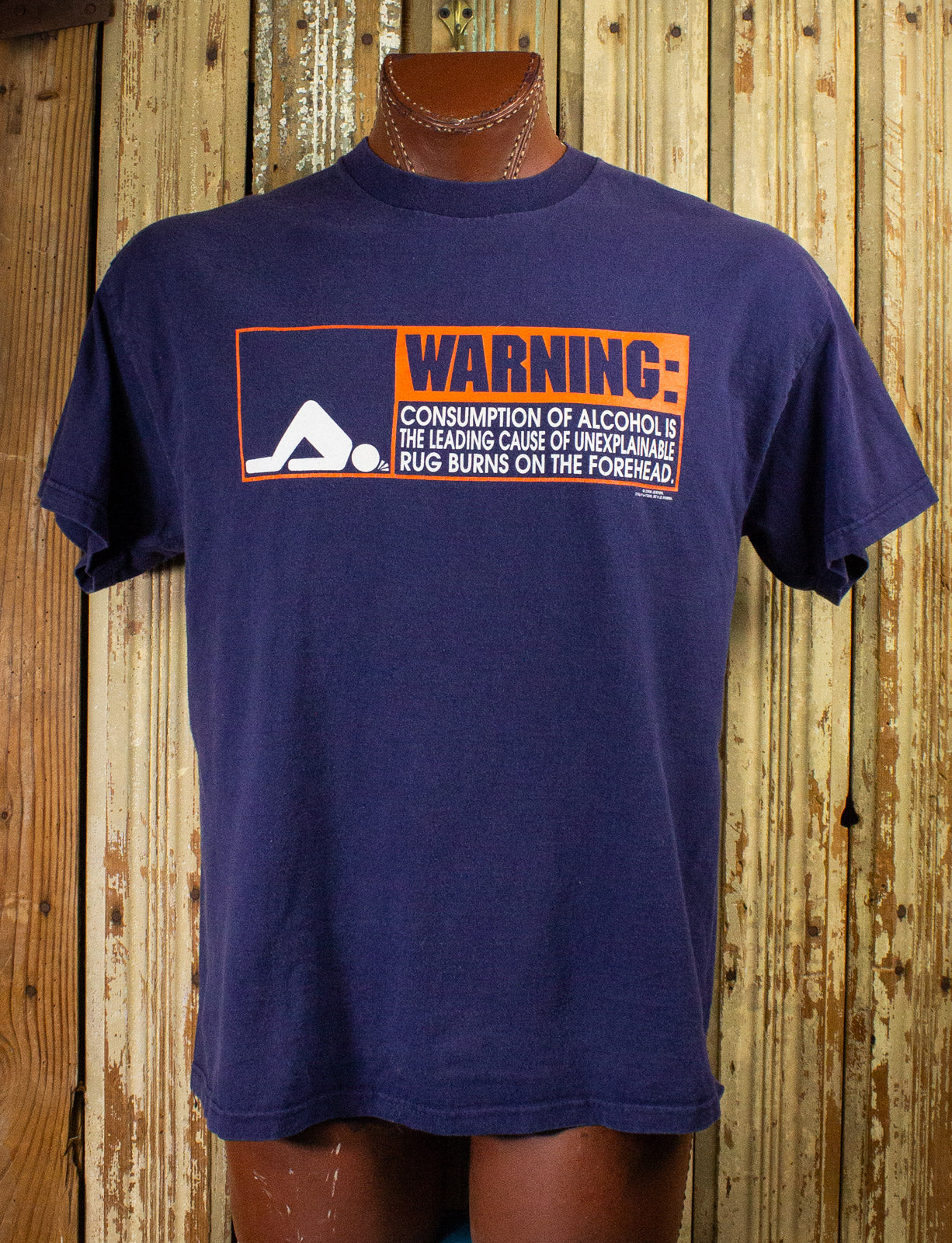 Vintage Alcohol Warning Graphic T Shirt 2000 Blue XL