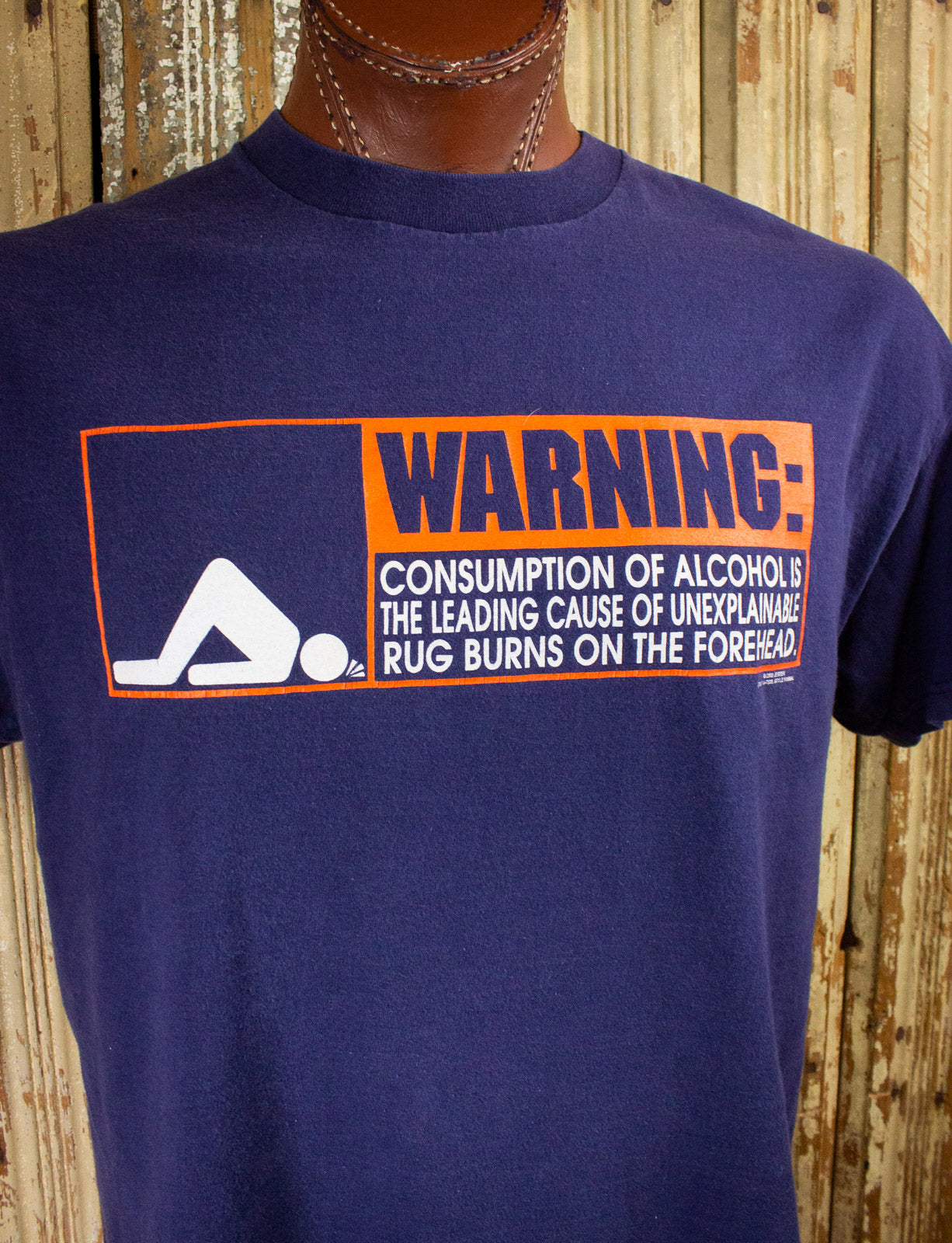 Vintage Alcohol Warning Graphic T Shirt 2000 Blue XL