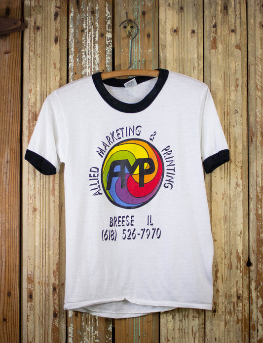 Vintage Allied Marketing & Printing Ringer Graphic T Shirt 80s White/Black Small