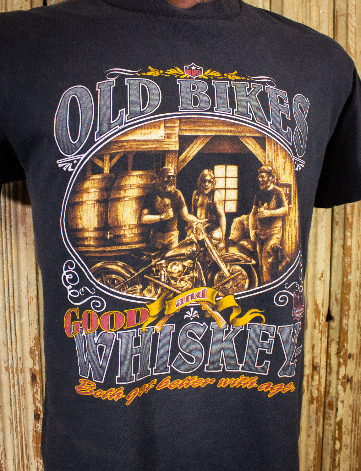 Vintage American Biker Old Bikes and Good Whiskey Graphic T Shirt 90s Black Large 