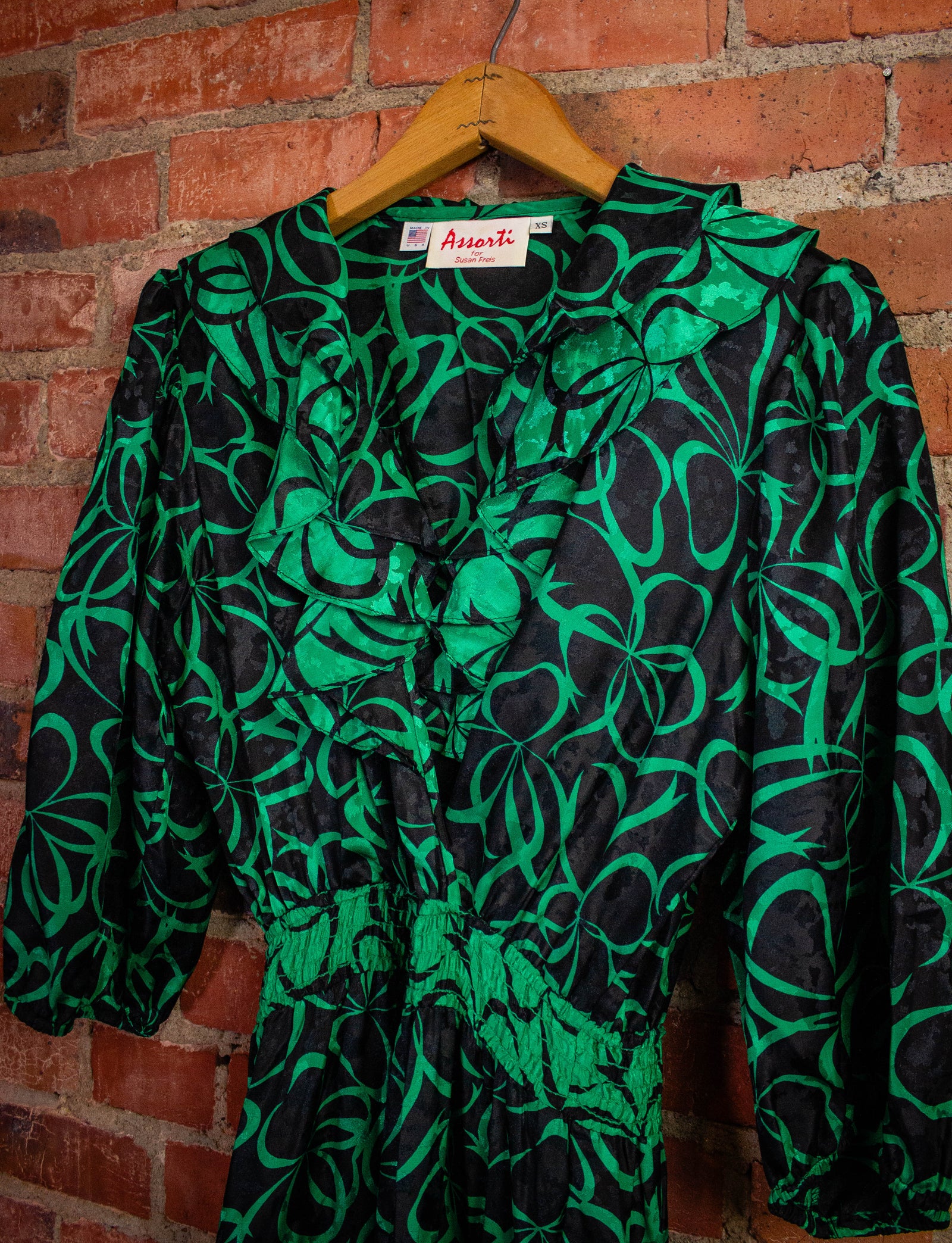 Vintage Assorti Green Patterned Dress 80s XS