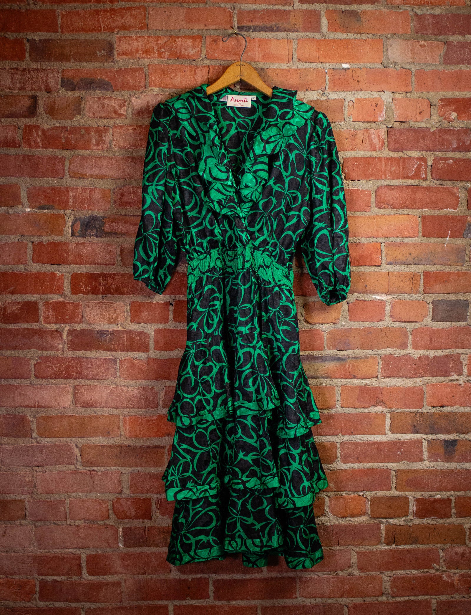 Vintage Assorti Green Patterned Dress 80s XS