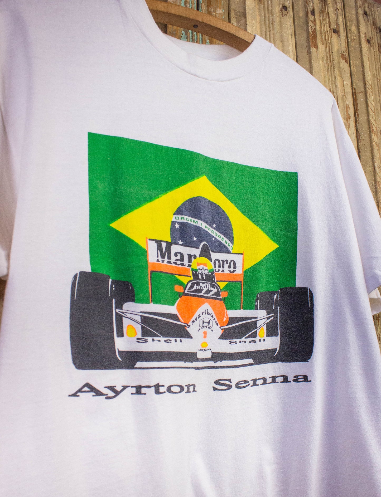 Vintage Ayrton Senna Marlboro F1 Racing Graphic T Shirt 90s White Large