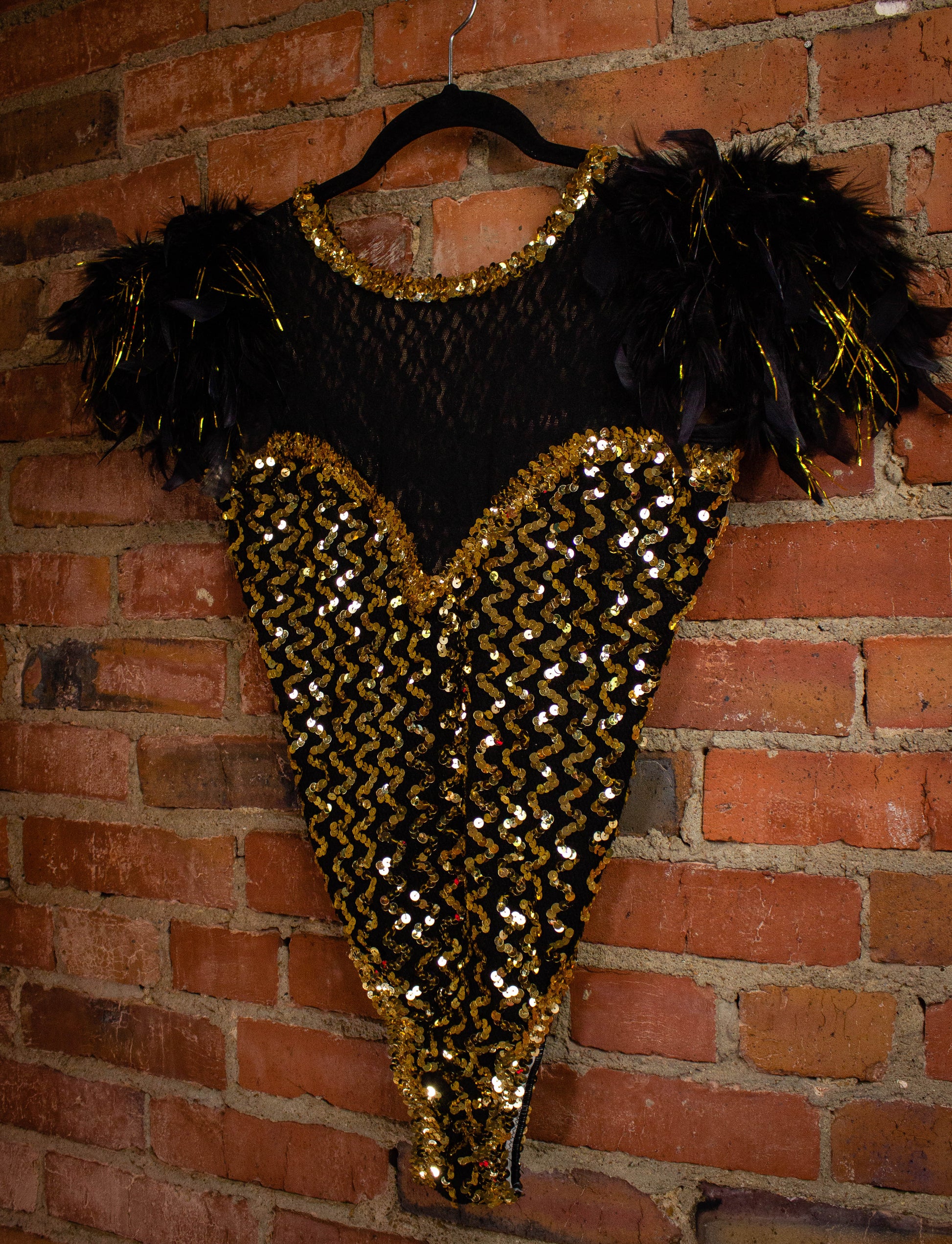 Vintage Black And Gold Feathered Sequined Leotard S