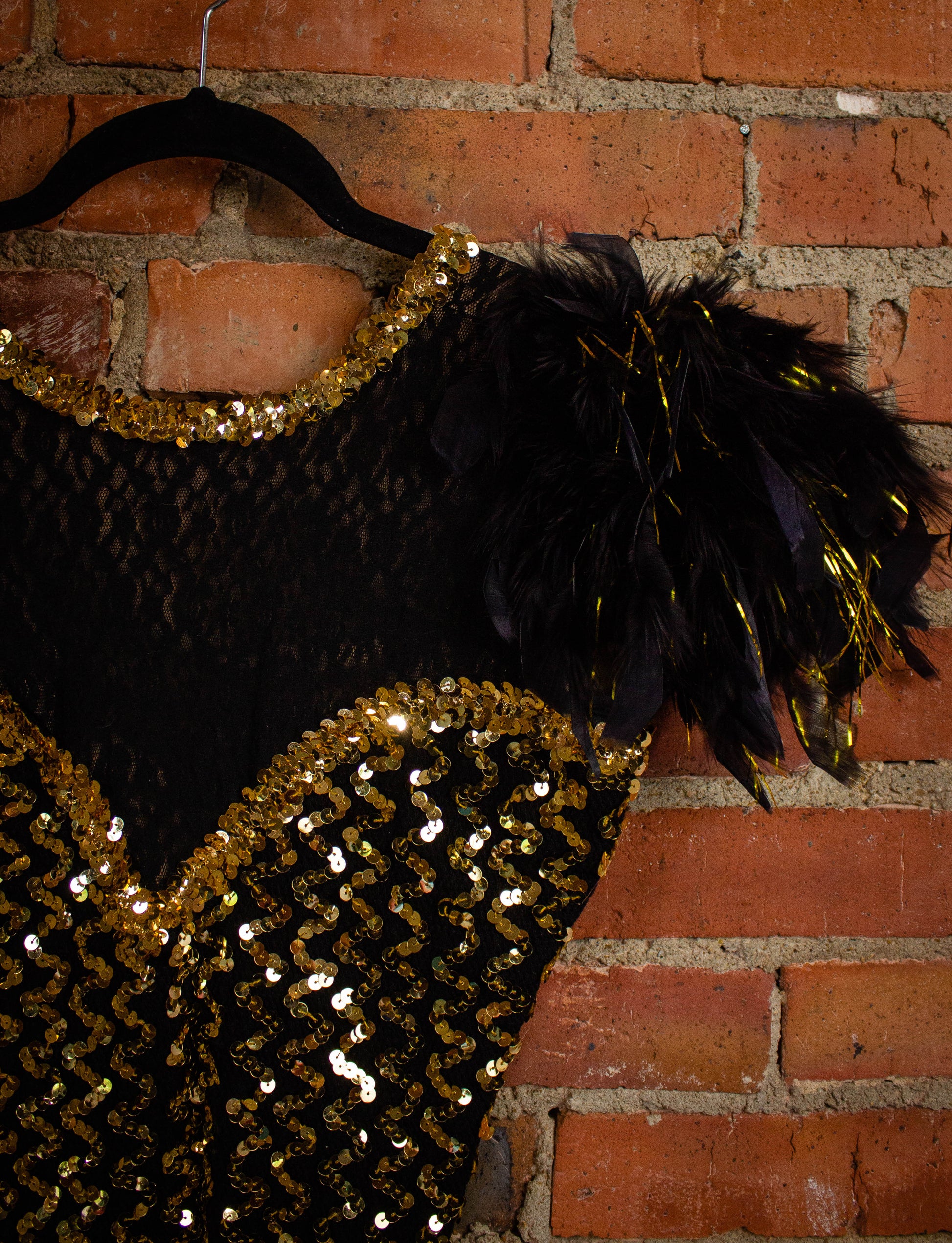 Vintage Black And Gold Feathered Sequined Leotard S
