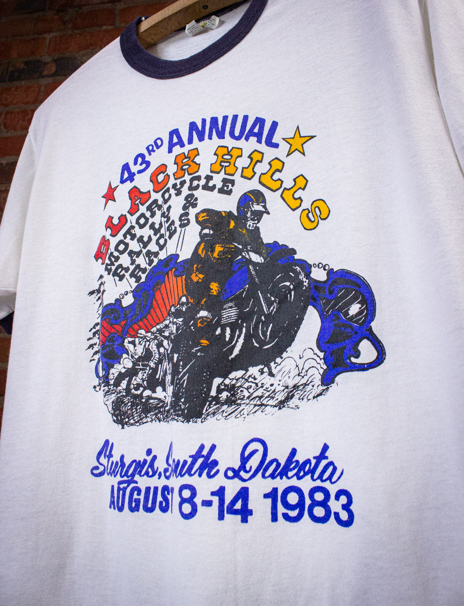 Vintage Black Hills Sturgis Motorcycle Rally Graphic Ringer T Shirt 1983 White Medium