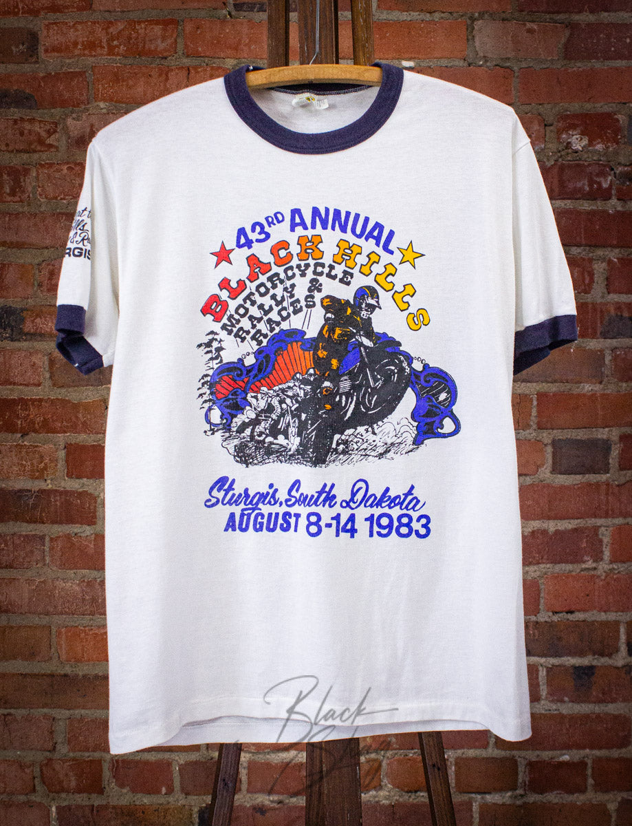 Vintage Black Hills Sturgis Motorcycle Rally Graphic Ringer T Shirt 1983 White Medium