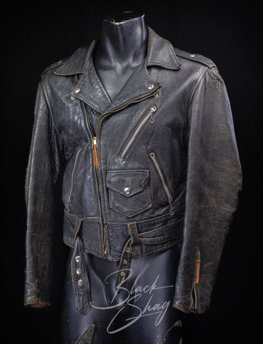 Vintage Black Leather Biker Jacket With Red Lining 60s Medium