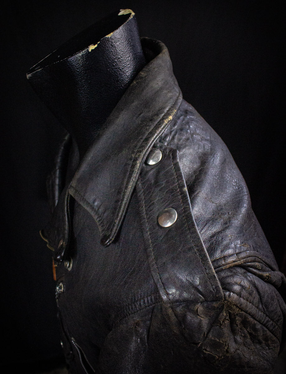 Vintage Black Leather Biker Jacket With Red Lining 60s Medium