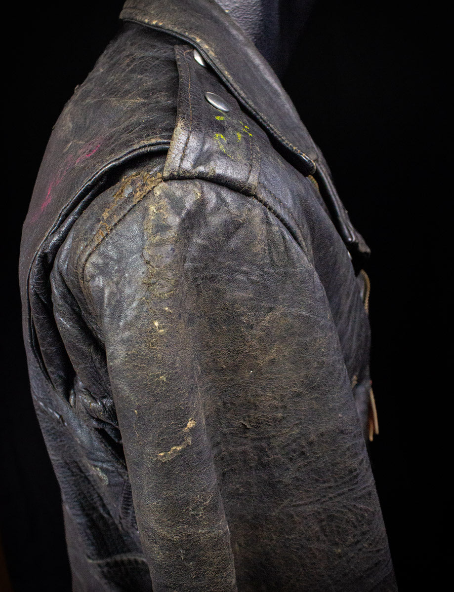 Vintage Black Leather Biker Jacket With Red Lining 60s Medium