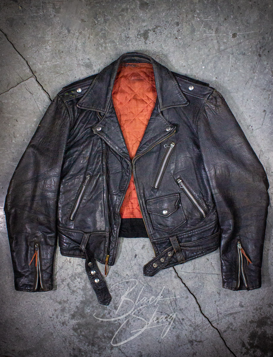 Vintage Black Leather Biker Jacket With Red Lining 60s Medium