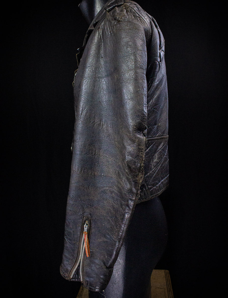 Vintage Black Leather Biker Jacket With Red Lining 60s Medium