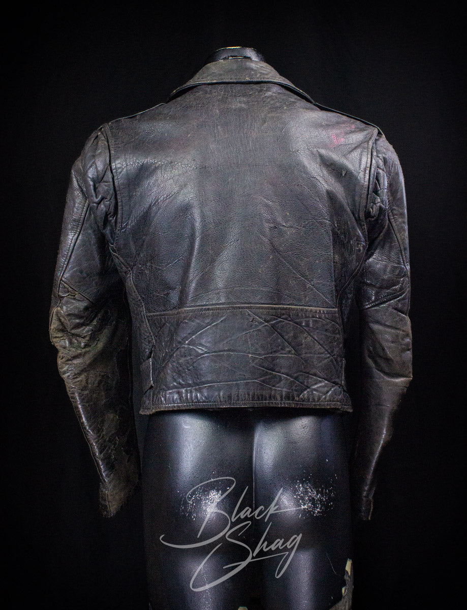 Vintage Black Leather Biker Jacket With Red Lining 60s Medium