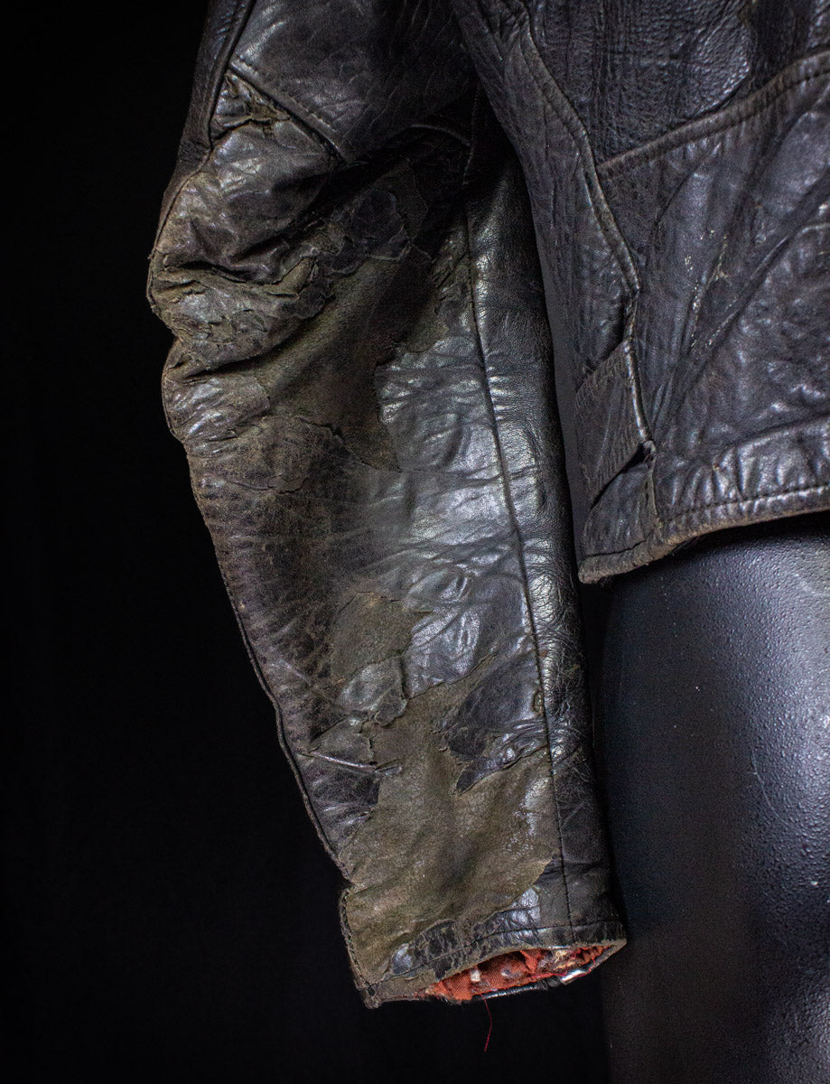 Vintage Black Leather Biker Jacket With Red Lining 60s Medium
