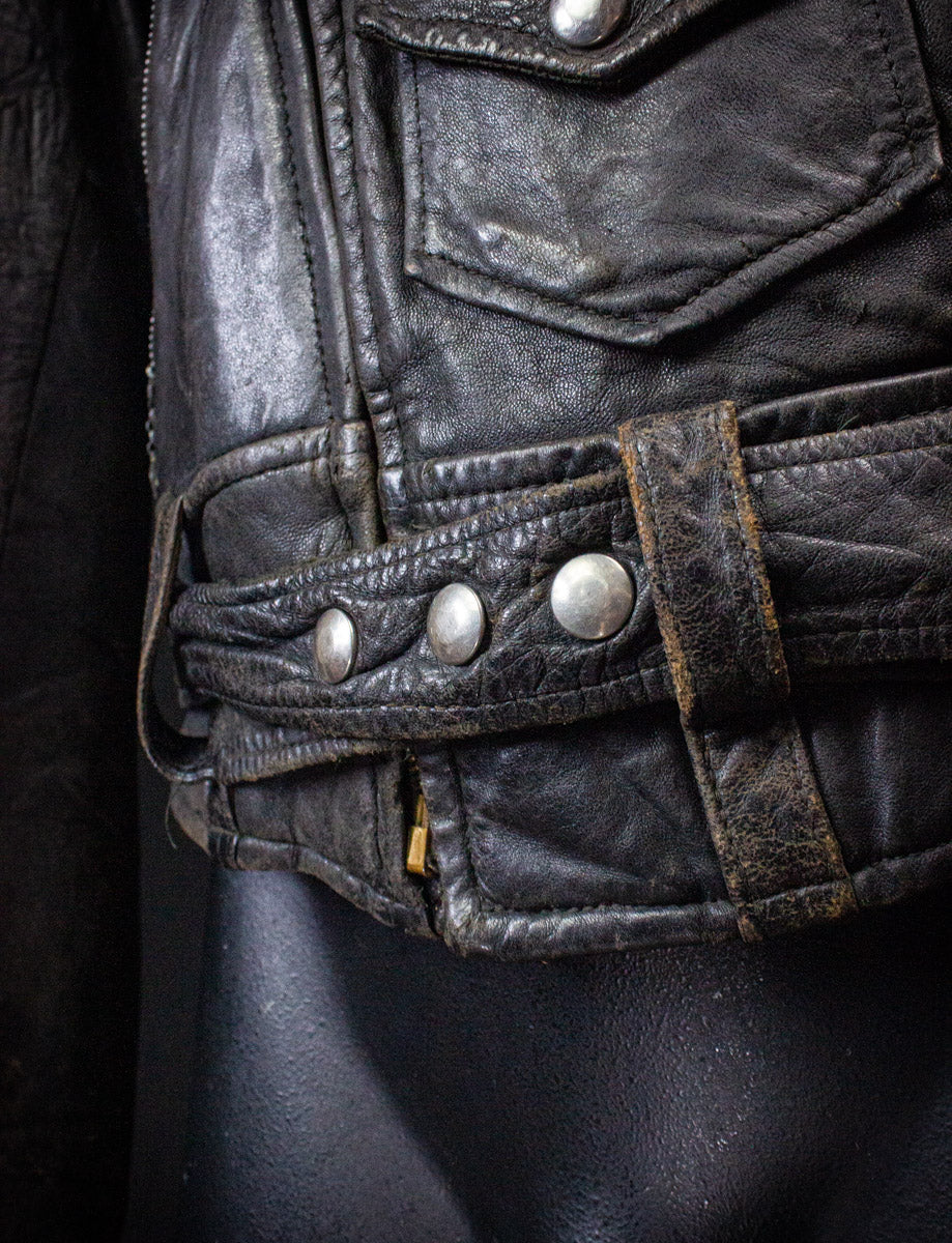 Vintage Black Leather Biker Jacket With Red Lining 60s Medium