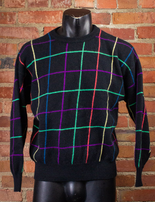 Vintage Benellon Black and Neon Grid Sweater 80s Small