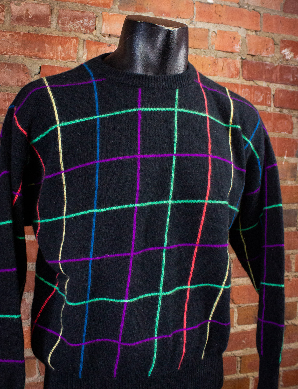 Vintage Benellon Black and Neon Grid Sweater 80s Small