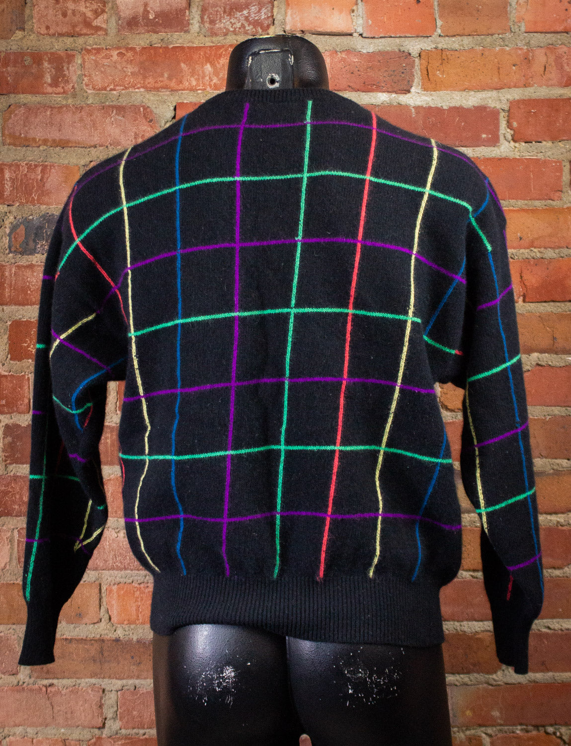 Vintage Benellon Black and Neon Grid Sweater 80s Small