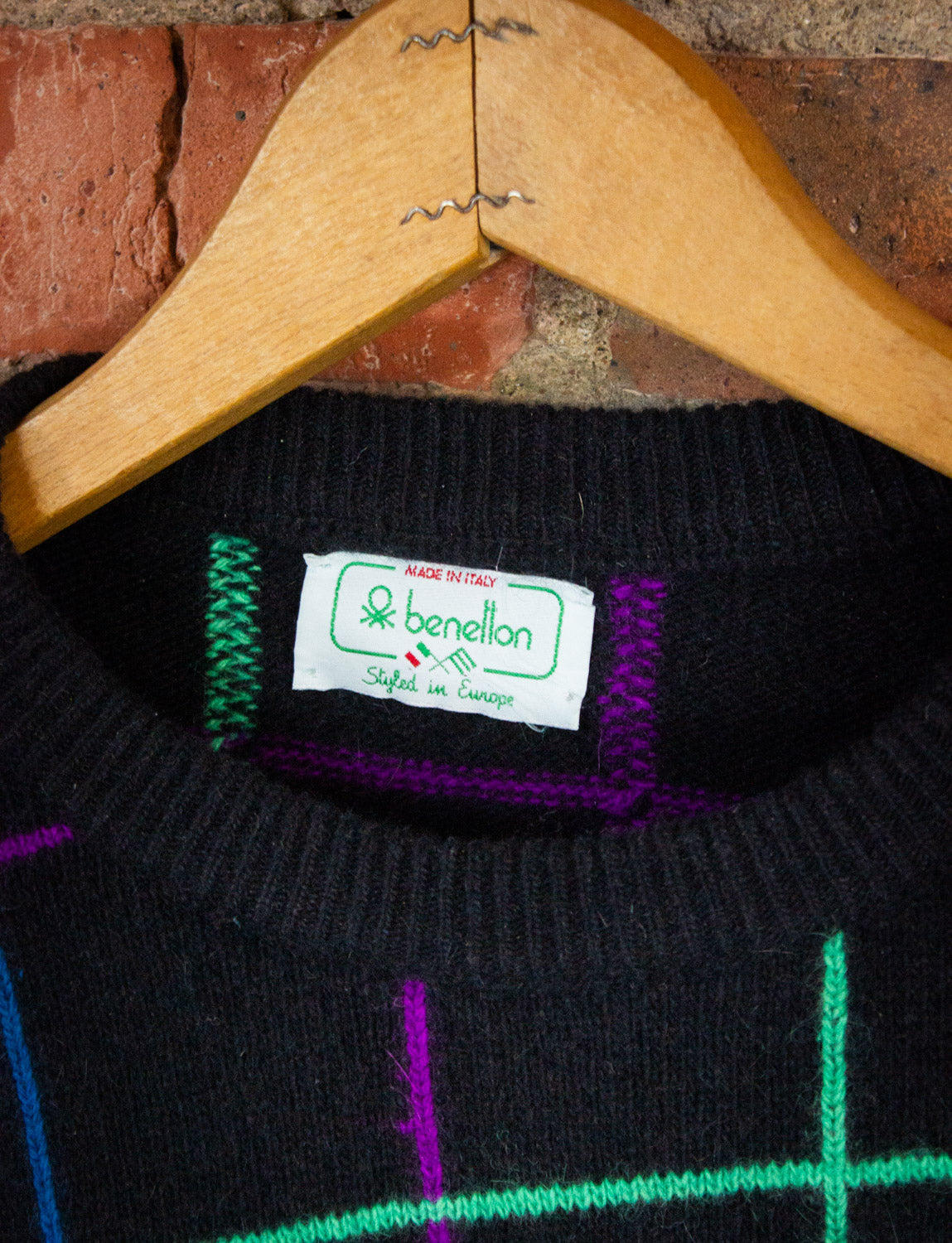 Vintage Benellon Black and Neon Grid Sweater 80s Small