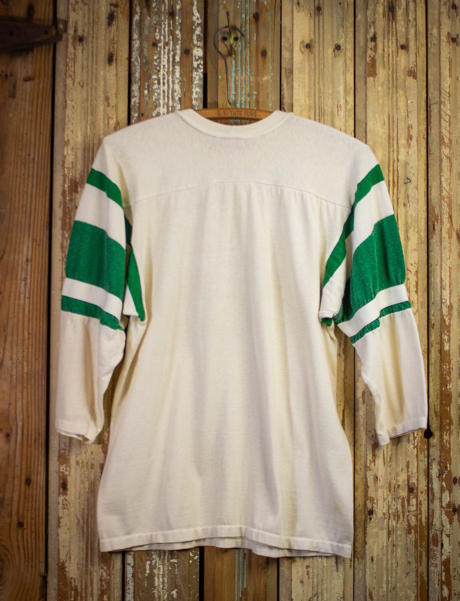 Vintage Blank White Long Sleeve T Shirt with Green Striped Sleeves 70s Medium