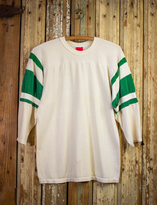 Vintage Blank White Long Sleeve T Shirt with Green Striped Sleeves 70s Medium