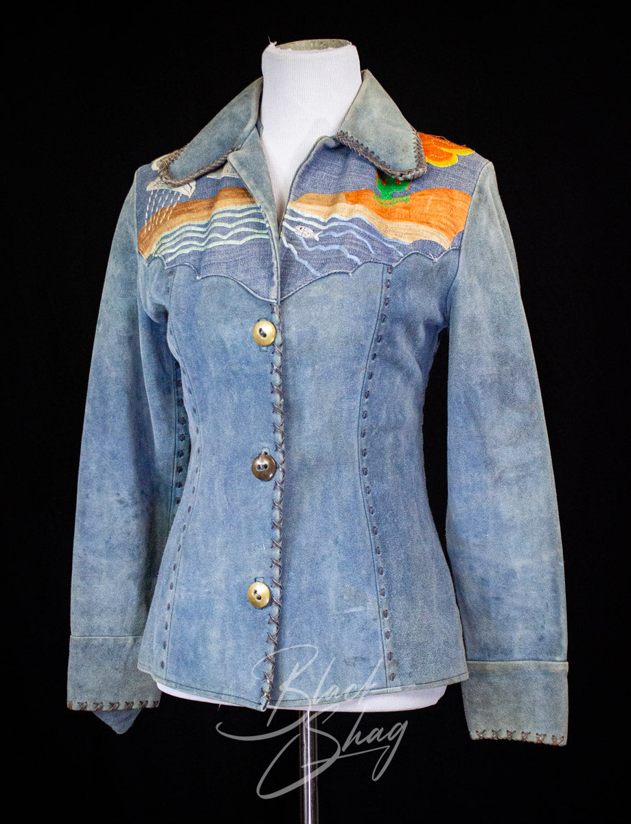 Vintage Blue Suede and Denim "Desert Highway" Suede Jacket 70s Small