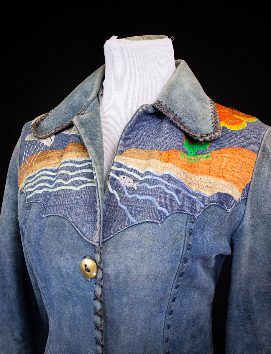 Vintage Blue Suede and Denim "Desert Highway" Suede Jacket 70s Small