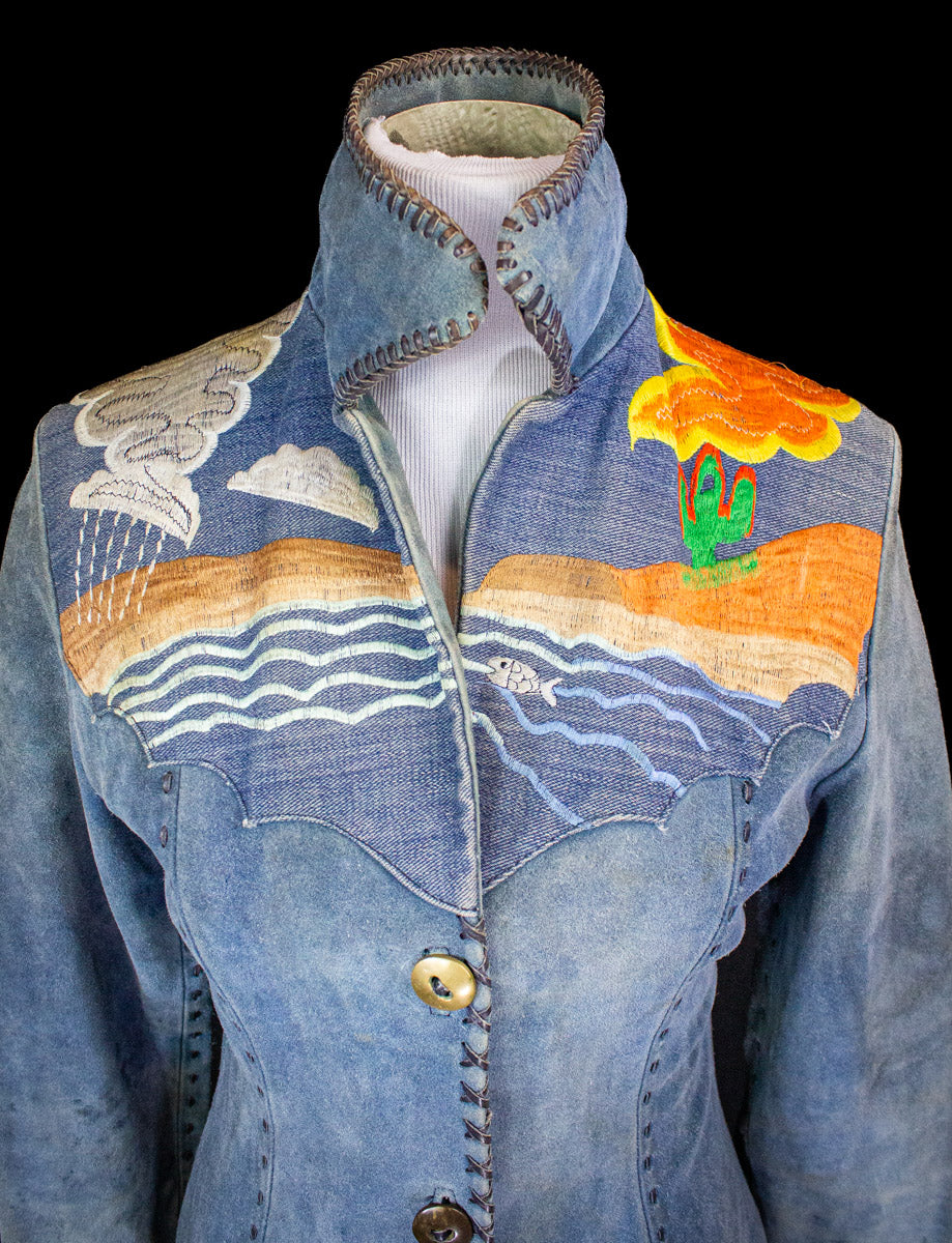 Vintage Blue Suede and Denim "Desert Highway" Suede Jacket 70s Small