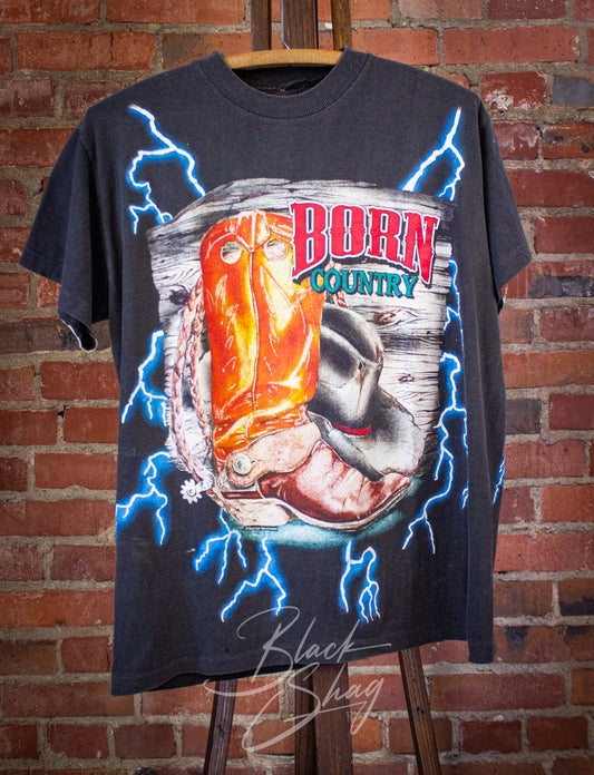 Vintage Born Country USA Thunder Graphic T Shirt 90s Black Medium/Large