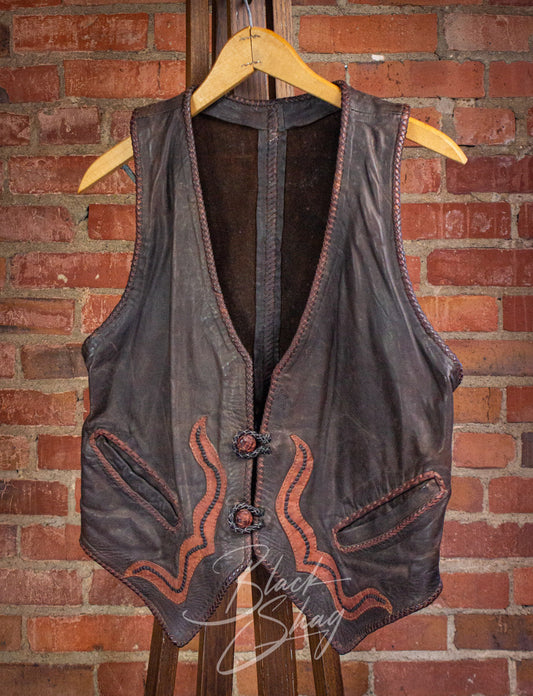 Vintage Brown Braided Leather Vest 70s Small