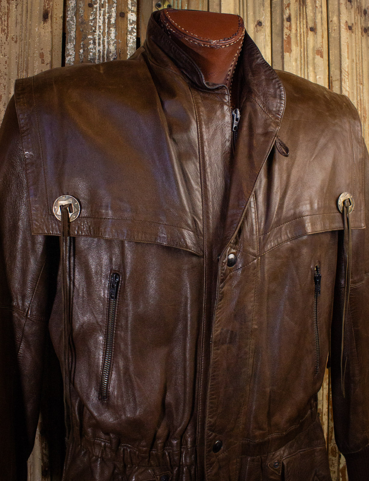 Vintage Brown Leather Jacket with Shoulder Flaps 80s XL