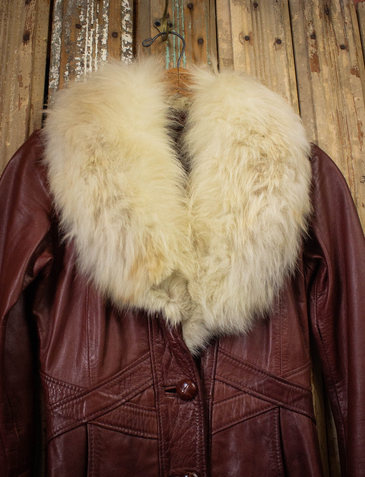 Vintage 70s East West Musical Instruments Brown Leather Coat with White Fur Collar XS