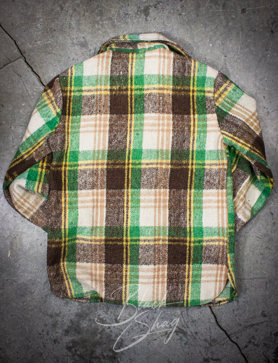 Vintage CPO Naval Green and Brown Plaid Wool Flannel 70s Large