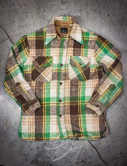 Vintage CPO Naval Green and Brown Plaid Wool Flannel 70s Large