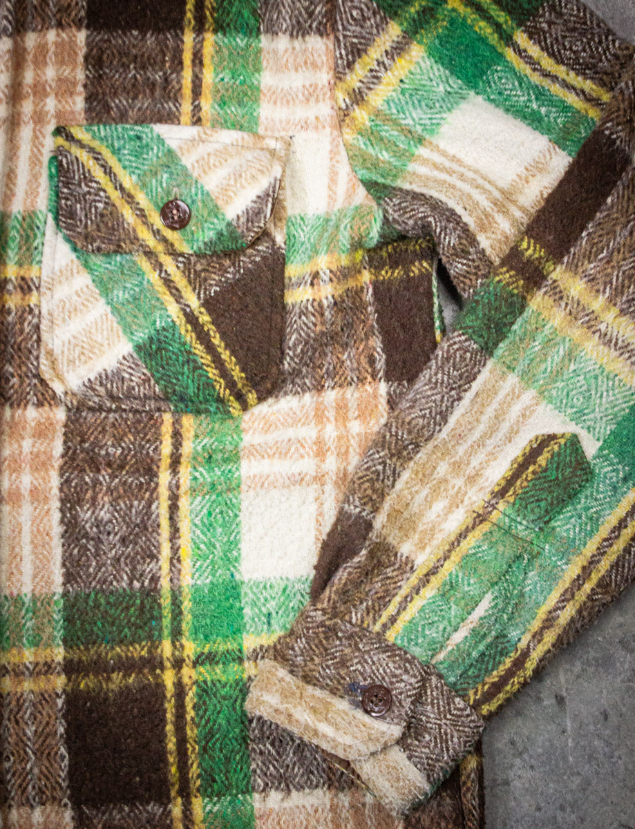 Vintage CPO Naval Green and Brown Plaid Wool Flannel 70s Large