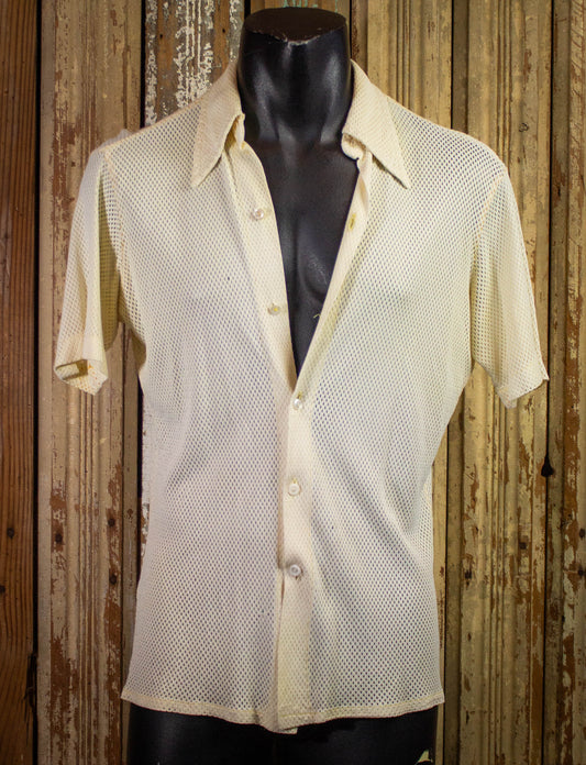 Vintage Capri White Mesh Button Up Shirt 40s Medium