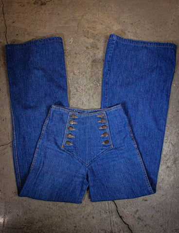 Vintage Landlubber Patchwork Flare Denim Jeans 60s Blue Low Rise 27x30