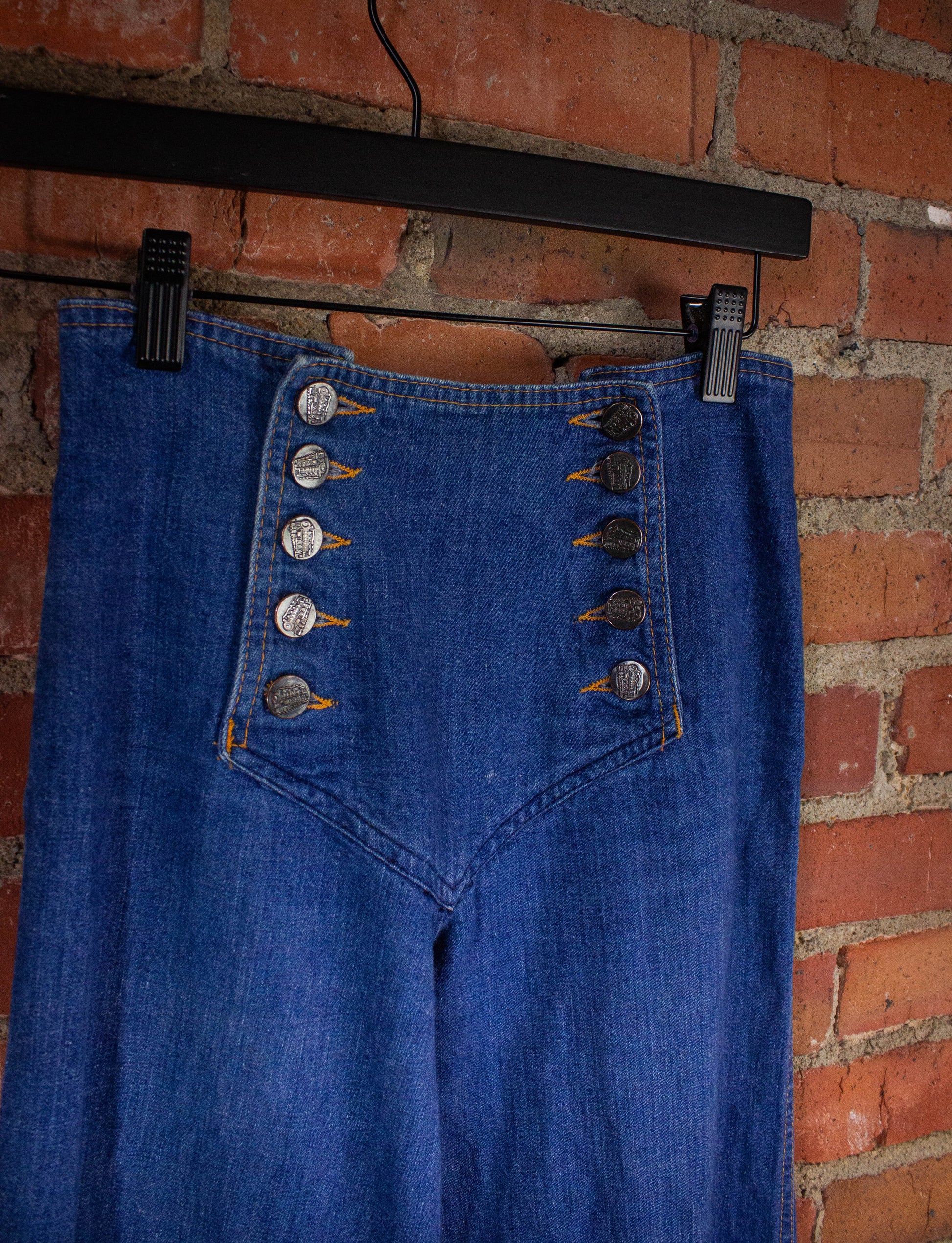 70s Chemin De Fer denim bell bottoms jeans sz 2, vintage 1970s high rise  bells, 70s stitched flares pants sz XS 2-4