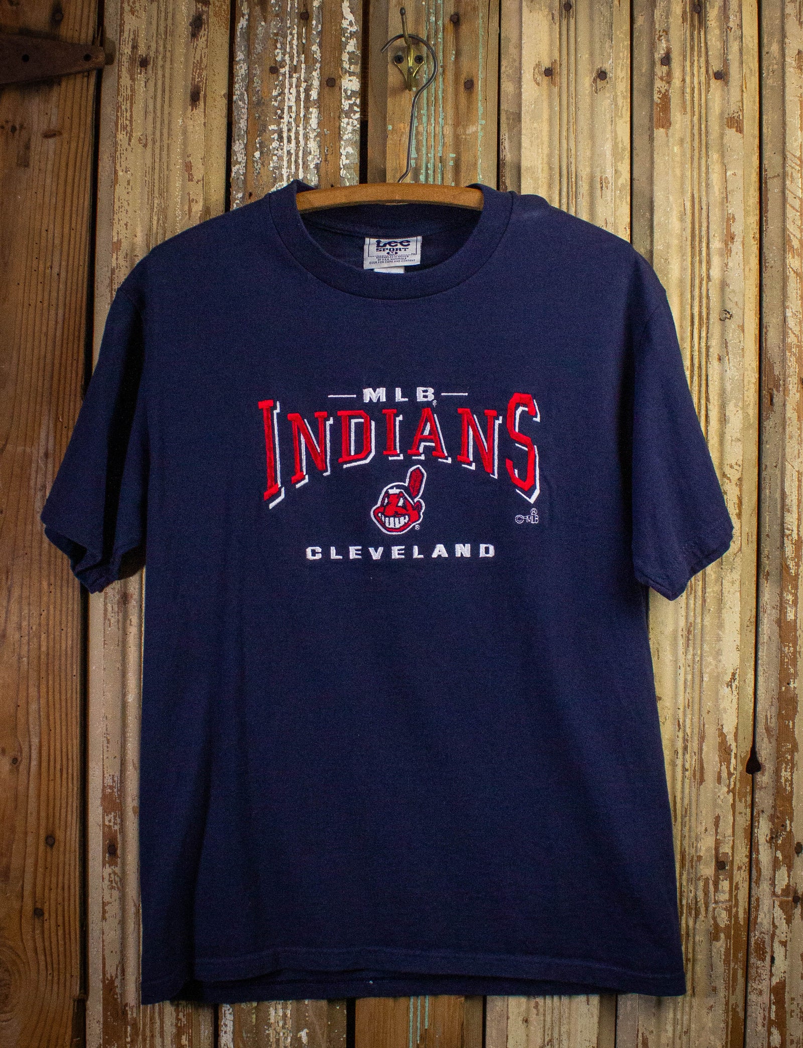 Vintage Cleveland Indians Embroidered Graphic T Shirt 90s Navy Blue Medium