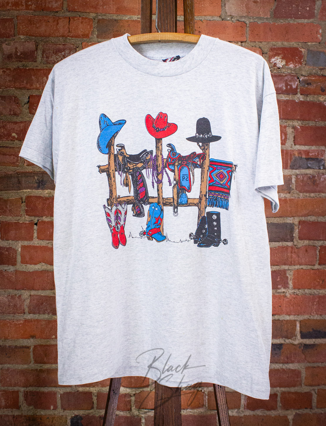 Vintage Cowboy Hats & Boots Graphic T Shirt 90s Gray Large