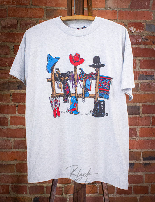 Vintage Cowboy Hats & Boots Graphic T Shirt 90s Gray Large