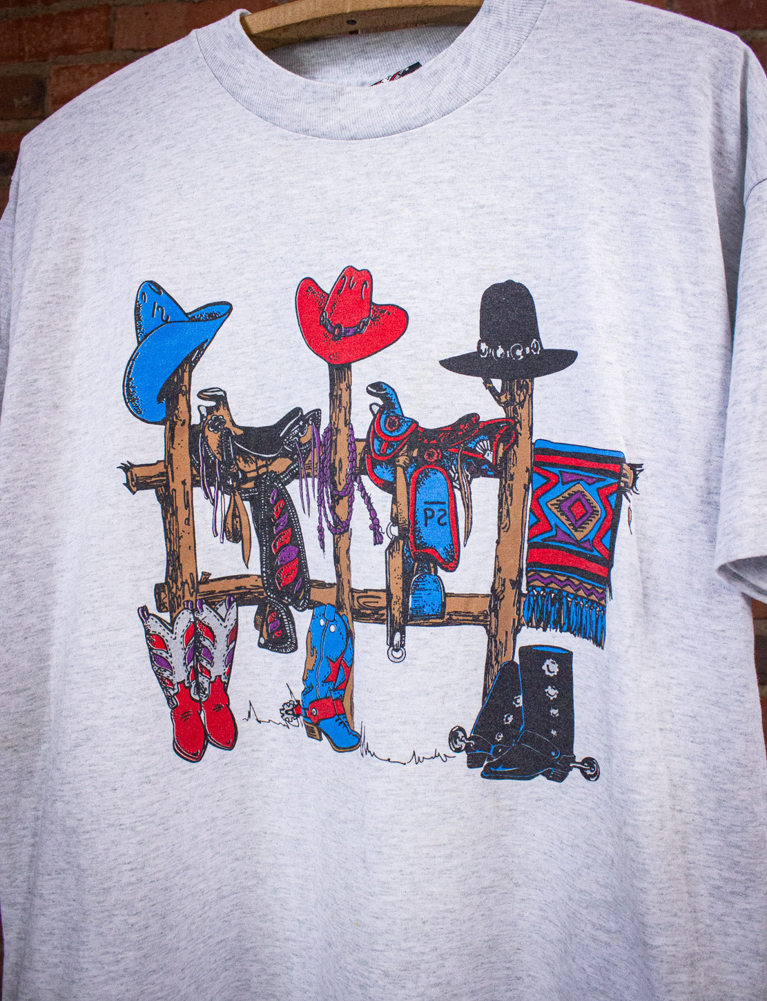 Vintage Cowboy Hats & Boots Graphic T Shirt 90s Gray Large