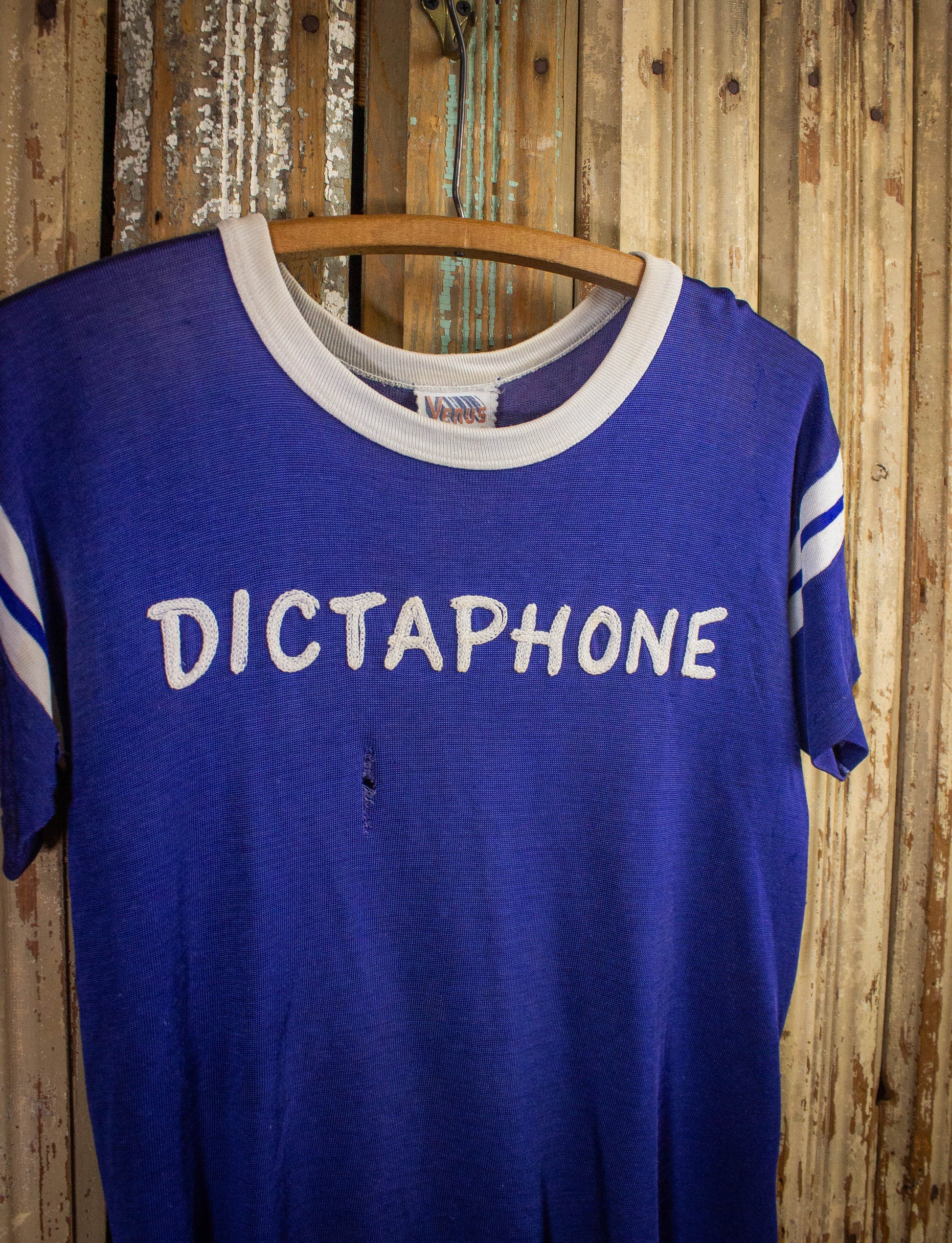 Vintage Dictaphone Chainstitched Graphic T Shirt 80s Blue Small