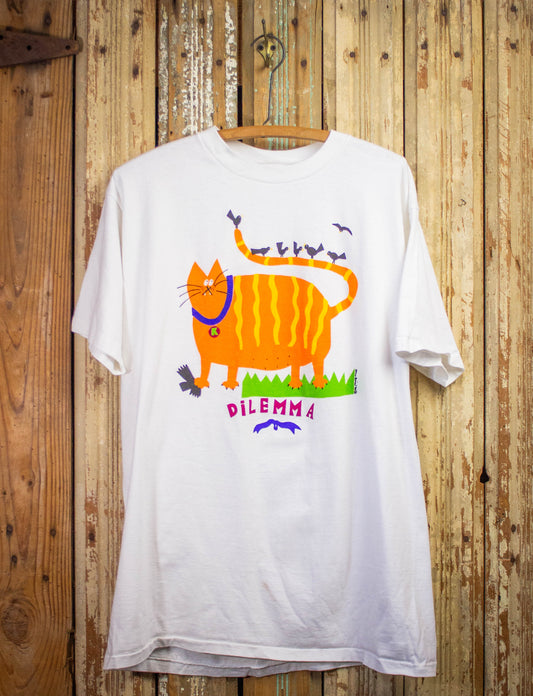 Vintage Dilemma Cat Graphic T Shirt 1989 White XL