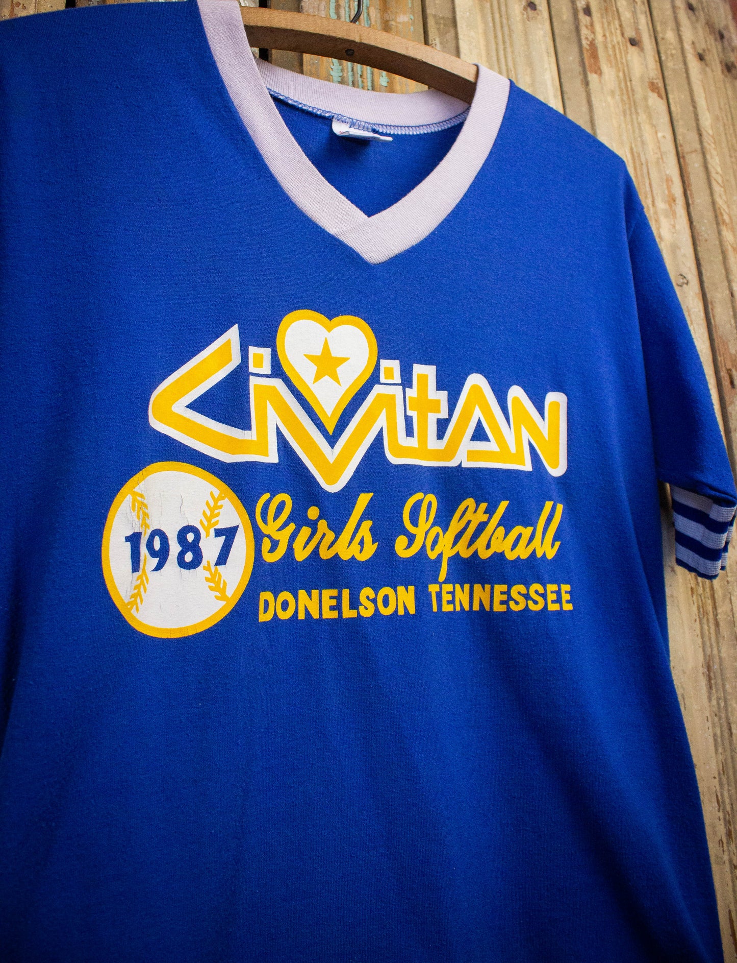 Vintage Donelson Girl's Softball V Neck Graphic Ringer Tee 1987 Blue Small