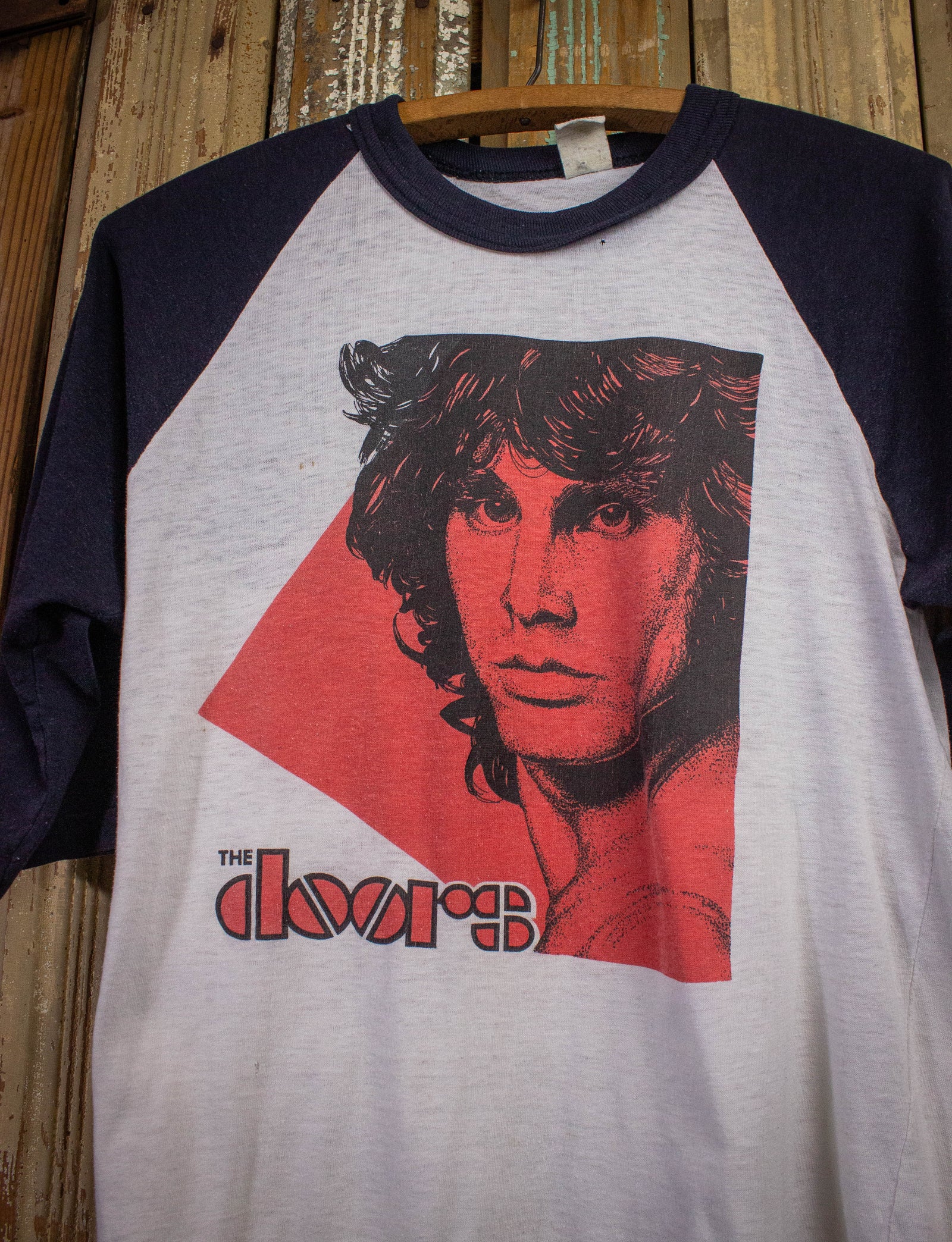 Vintage Doors Jim Morrison Raglan T Shirt 80s White and Navy Blue Small