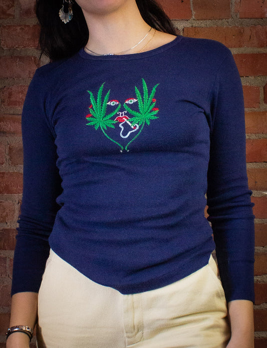 Vintage Embroidered Weed Face Graphic T Shirt 70s Blue XS