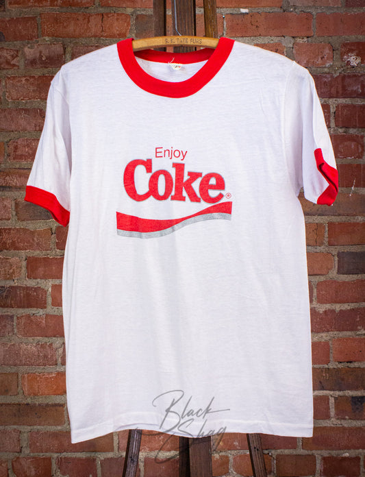Vintage Enjoy Coke Ringer T Shirt 80s White/Red Medium