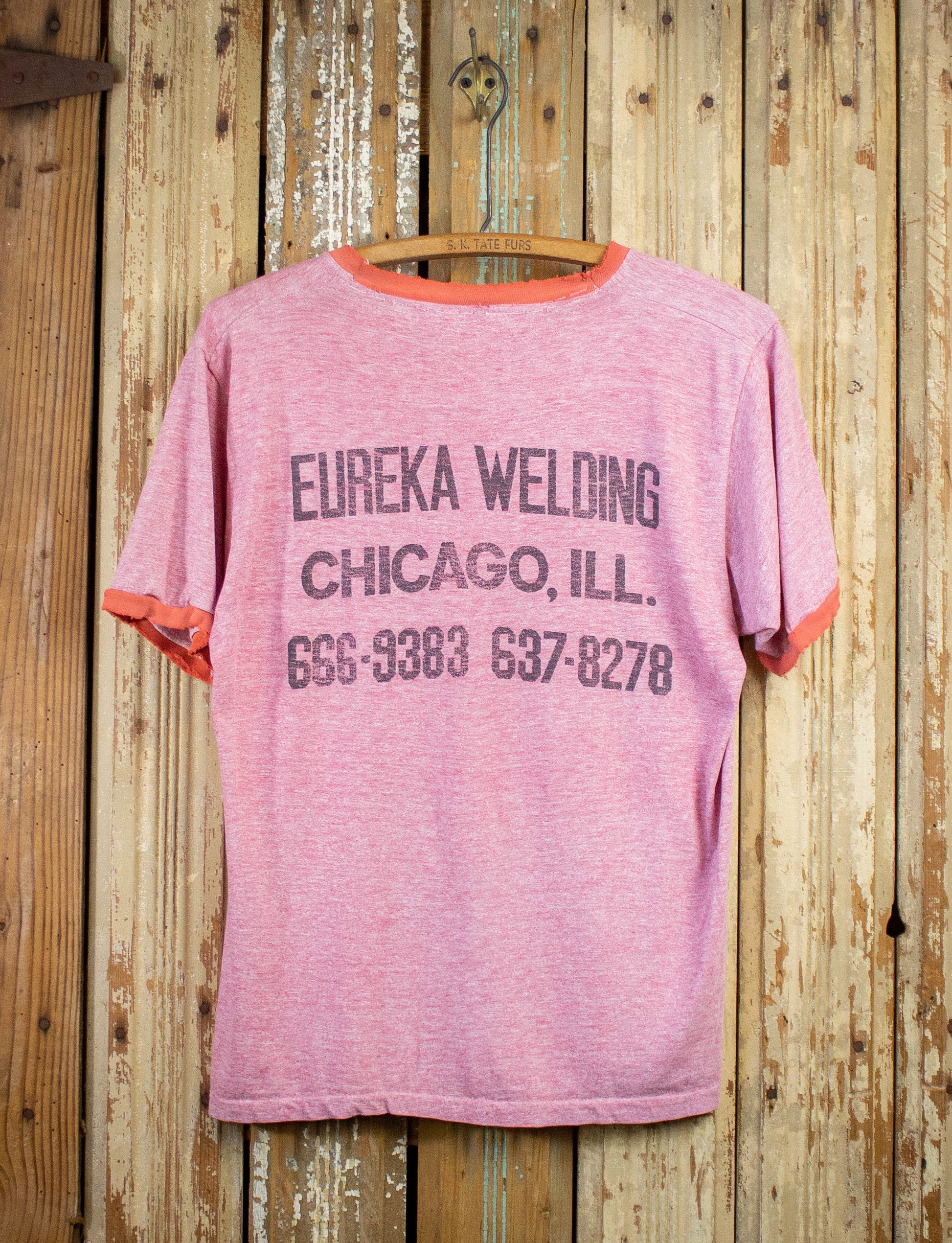 Vintage Eureka Welding We Fix Any Crack Graphic Ringer T Shirt 70s Red Medium